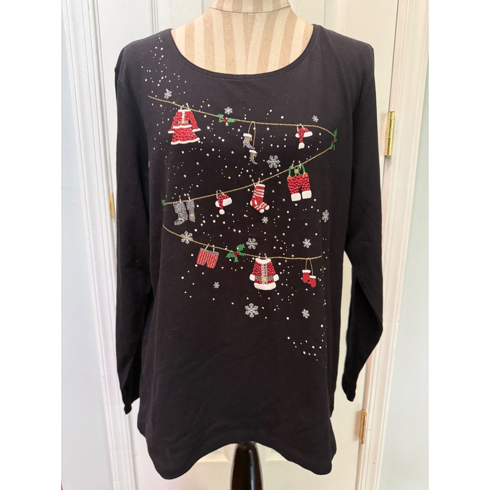 Karen Scott Womens 1X Christmas Reindeer Embellished Rhinestone Long Sleeve Top